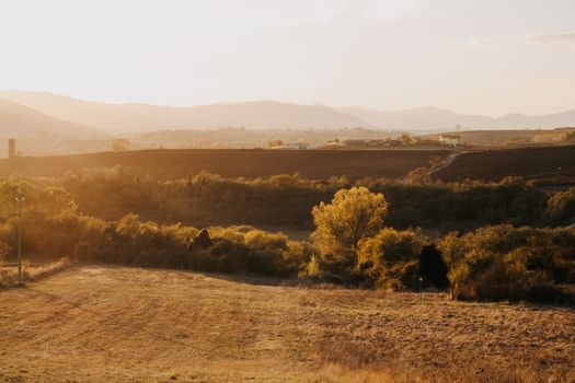 A beautiful sunrise casts a golden hue over rolling hills and a tranquil rural landscape.