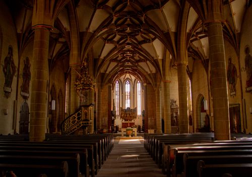 Free Stunning gothic church interior in Bad Wimpfen, Germany, showcasing arches and detailed architecture. Stock Photo