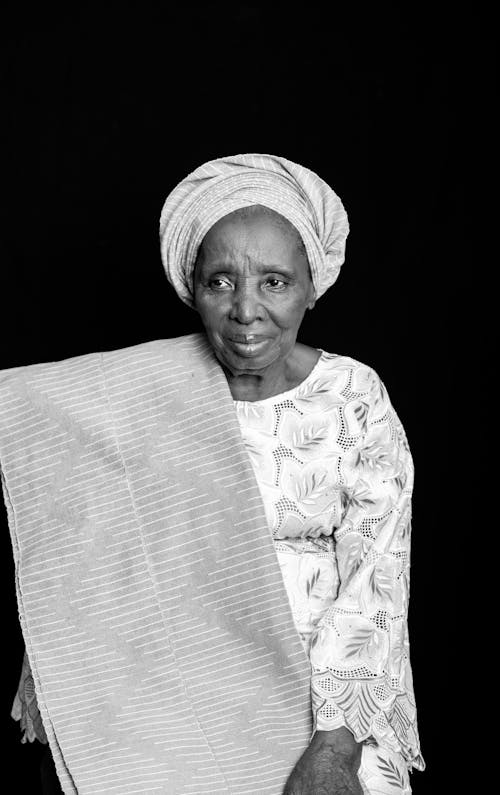 African Woman Wearing Headscarf in Black and White