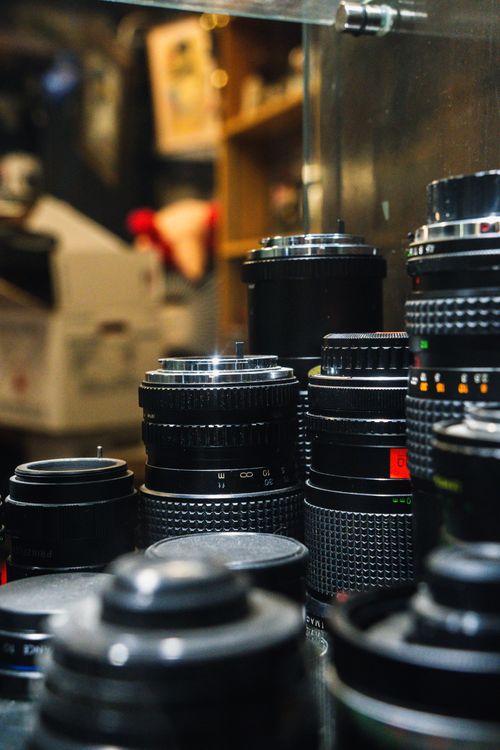 Free Diverse selection of camera lenses on display in a Calgary shop. Stock Photo