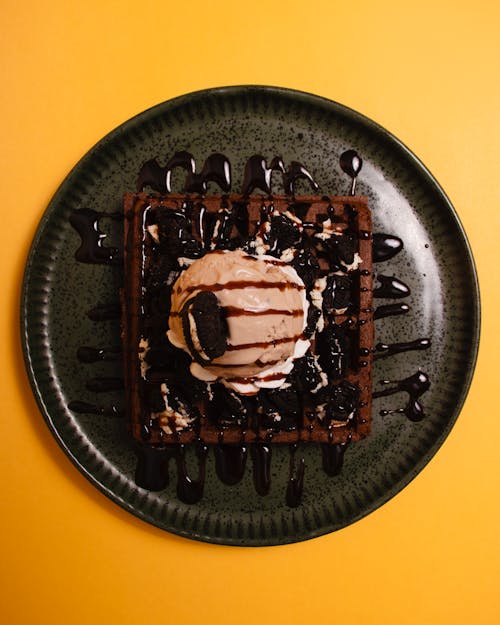 Ice Cream with Chocolate on Waffle