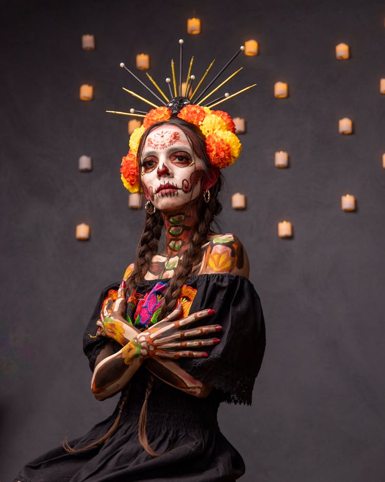 Woman In Wreath With Halloween Makeup