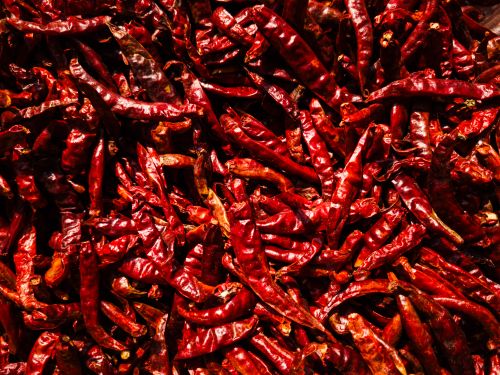 Free A close-up of vibrant red chili peppers showcasing their spicy and colorful texture in Jhanjra, India. Stock Photo