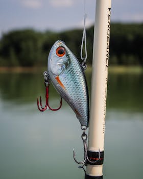 Close-up of a fishing lure on a rod by a serene lake in Thoux, Occitanie.