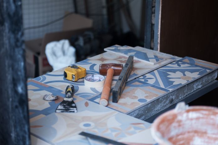 Tiling tools and materials ready on site
