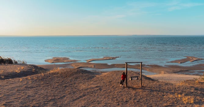 A peaceful scene of a swing overlooking the sea at sunset in Volgograd region, Russia.
