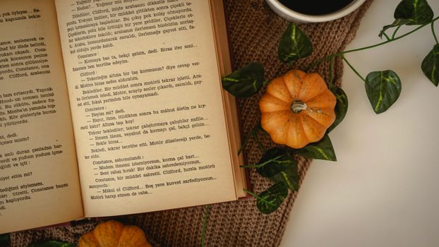 A cozy autumn setup with an open book, mini pumpkin, ivy leaves, and coffee.