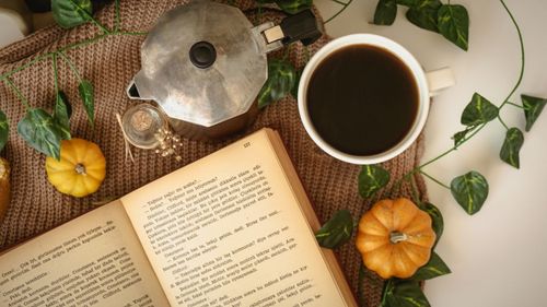 Free Top view of a warm autumn setup with coffee, open book, and small pumpkins on a knitted blanket. Stock Photo