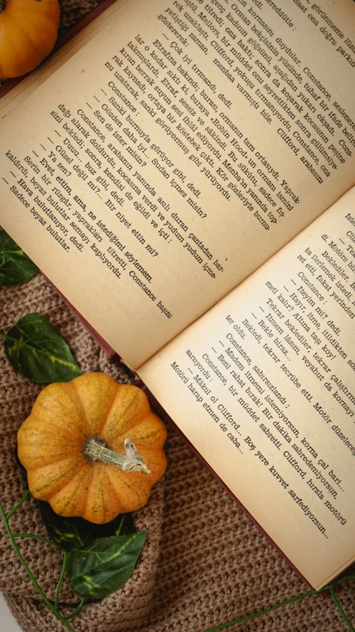 Free An open book with a small pumpkin on brown fabric, evoking a cozy autumn vibe. Stock Photo