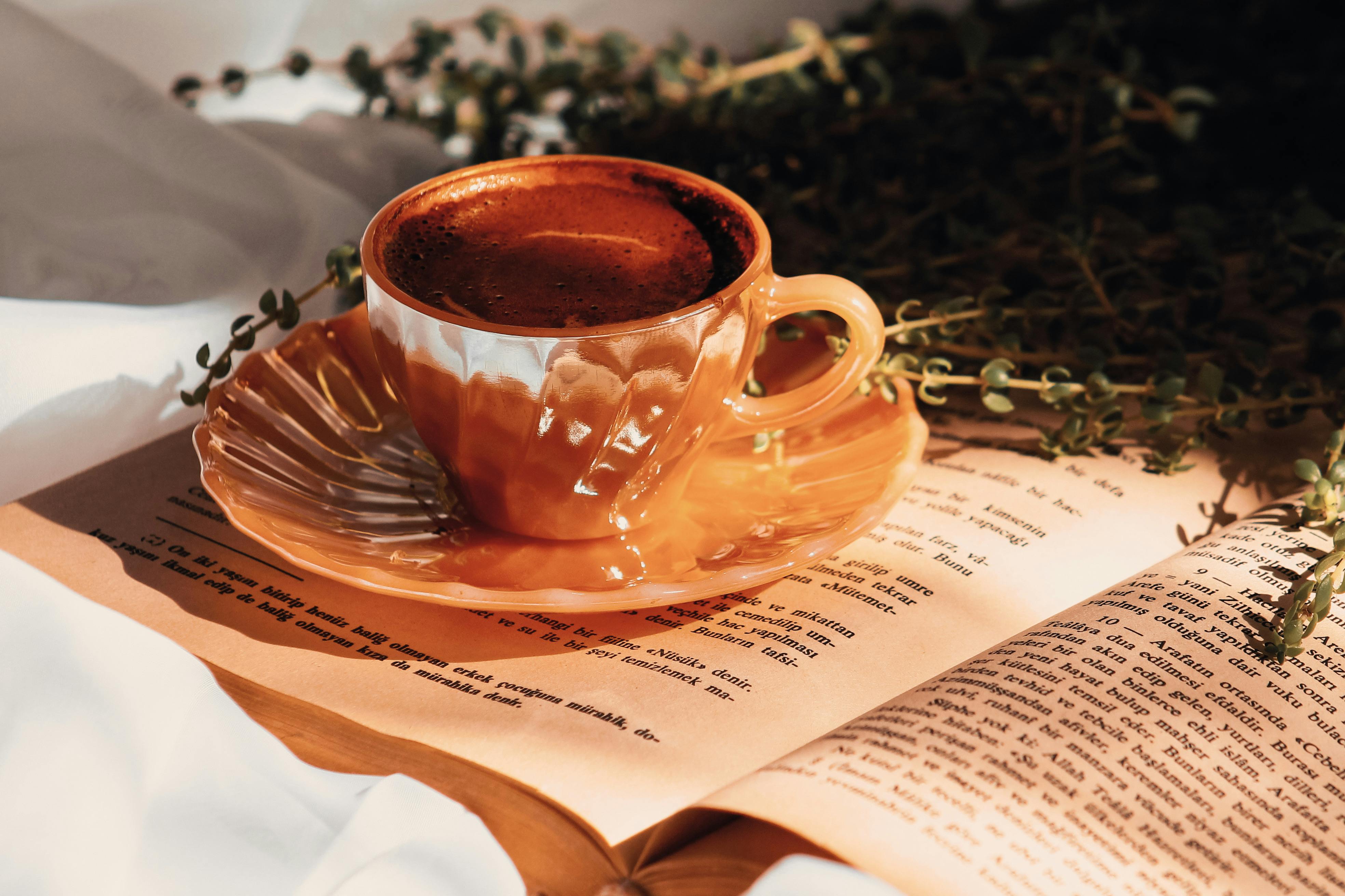 Warm vintage cup of coffee on open book with greenery, creating a cozy scene.