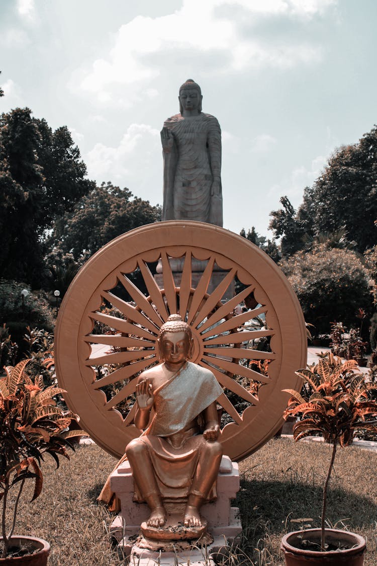 Buddha Sculptures And Ashoka Chakra In The Gardens Of The Temple And Monastery At Sarnath In India