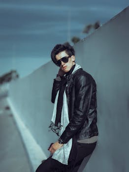 一名穿着皮夹克、戴着太阳镜的自信男子，在时尚的户外环境中倚墙摆姿势