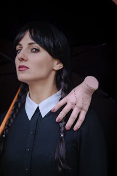 Portrait of a woman in gothic attire with a hand prop on shoulder, evoking spooky themes.