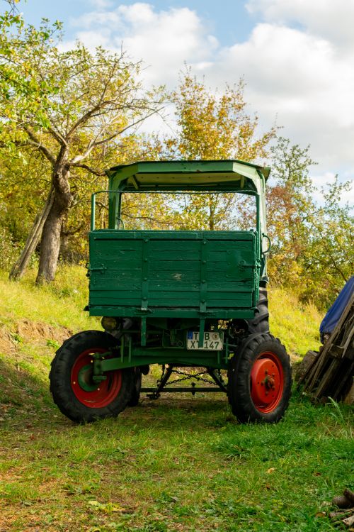 Free Green vintage tractor surrounded by autumn foliage in Bad Mergentheim, Germany. Stock Photo