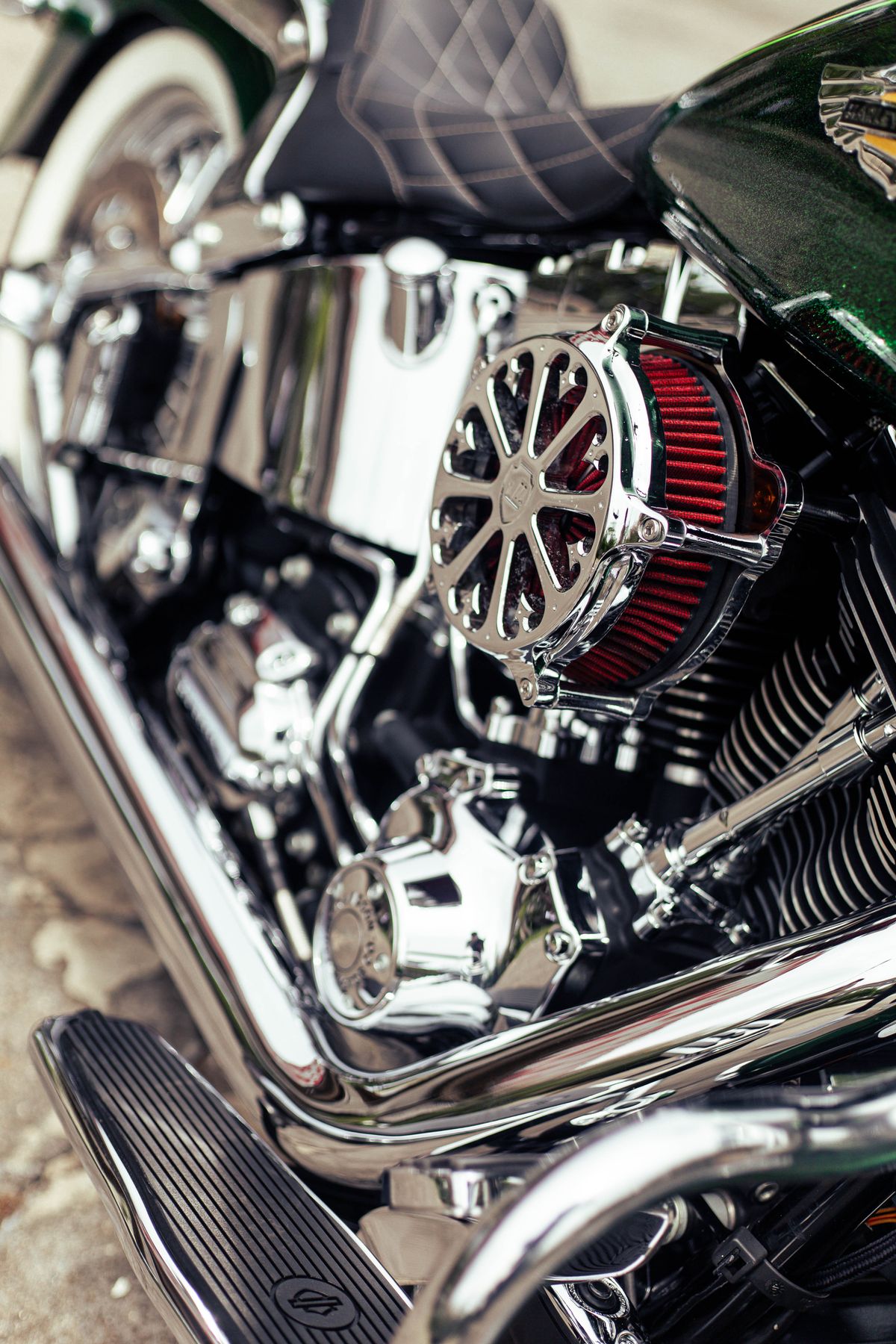Close-up of a chrome motorcycle engine