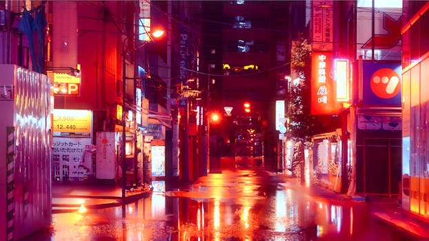 Vibrant Tokyo street scene at night with neon lights and wet pavement reflections.
