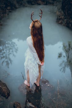 A red-haired woman with antlers poses barefoot on rocks near a mystical river, wearing a white lace dress.