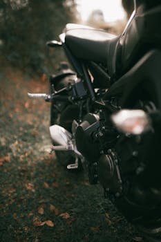 Detailed close-up of a parked motorcycle engine and wheels on a grassy outdoor setting.