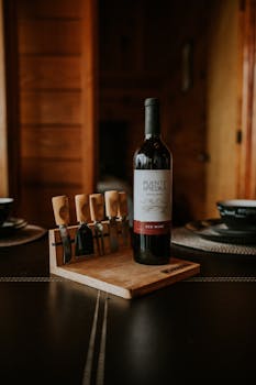 A sophisticated red wine bottle displayed in a rustic indoor setting, featuring a sleek label.