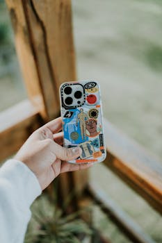 Close-up of a hand holding a smartphone with a unique decorative case, shot outdoors.