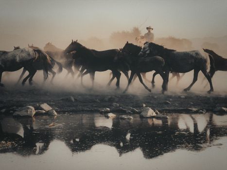 A cowboy herds a group of horses through dust, reflected in water, creating a dramatic rural scene.