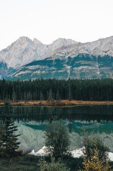 Stunning view of Kananaskis mountains reflecting in a calm lake surrounded by evergreen forests.