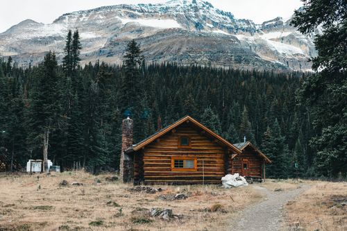 Free A cozy log cabin surrounded by evergreen forest with a mountain backdrop in Field, BC, Canada. Stock Photo