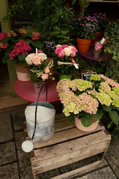 Colorful flower arrangements outside a Paris shop featuring hydrangeas and roses with a rustic watering can.