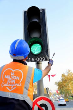 Photo by Fatih Yurtman City worker in orange vest and hard hat repairs traffic light in urban setting.