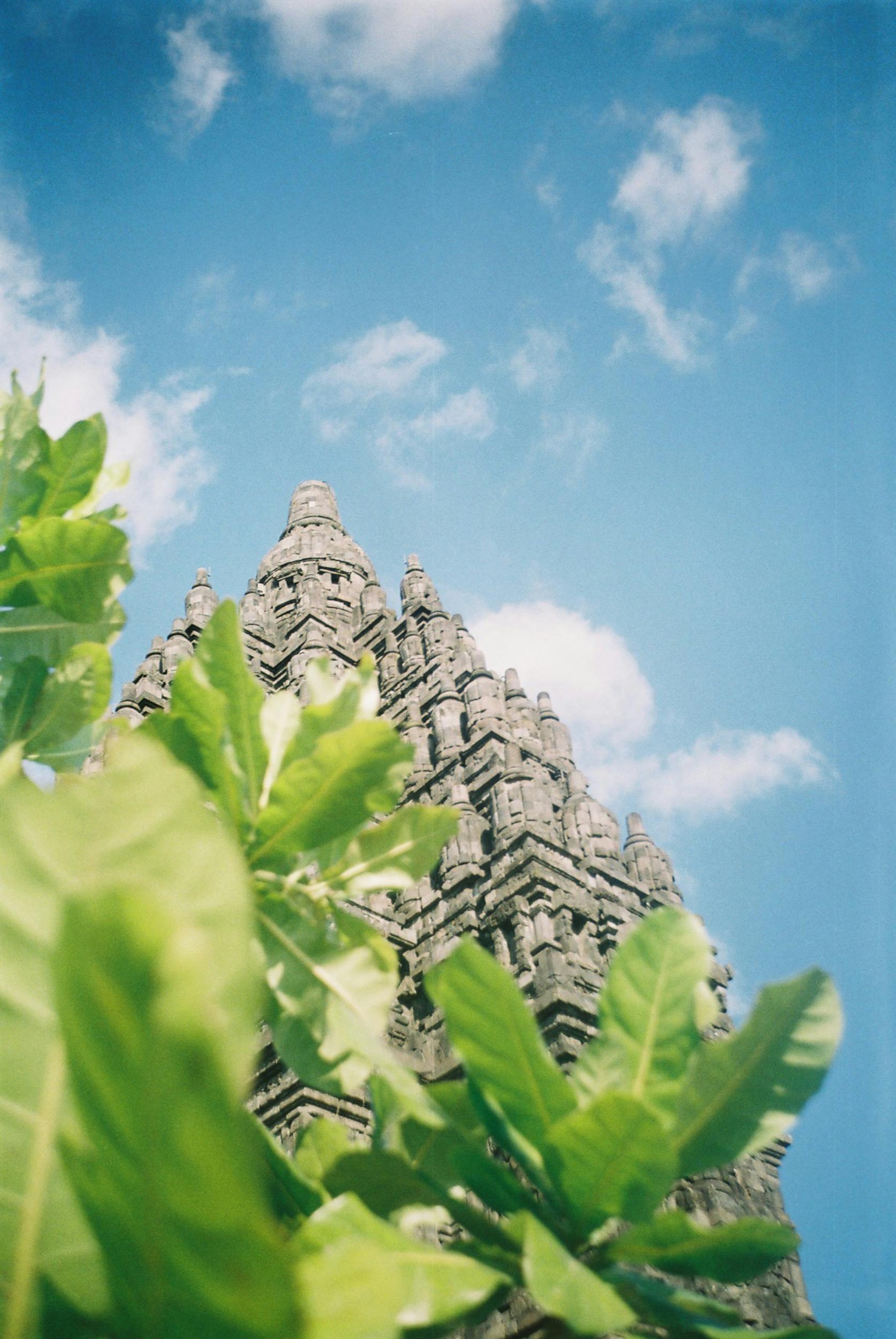 Captivating low angle shot of an ancient temple tower framed by vibrant green leaves against a clear blue sky.