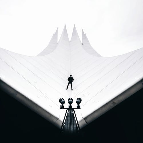 Silhouette of a Man Standing on a Modern Building 