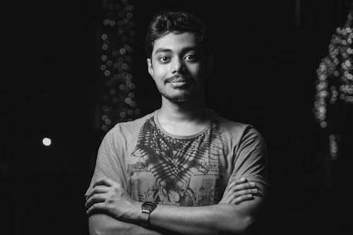 Portrait of Man in T-shirt in Black and White