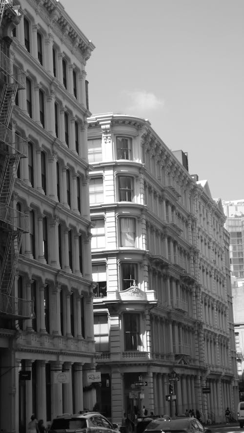 Black and White Photo of Residential Buildings on a Street in SoHo, New York City