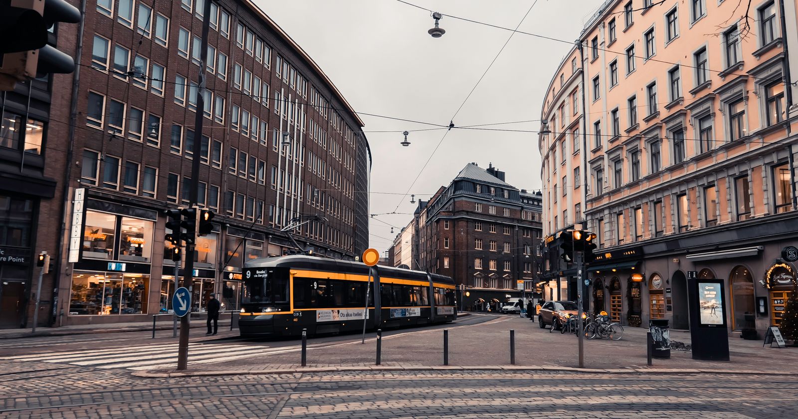 A European city street in the evening during shoulder season