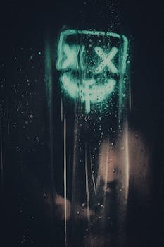 Defocused neon smiley face on rain-soaked glass creates a moody night scene.