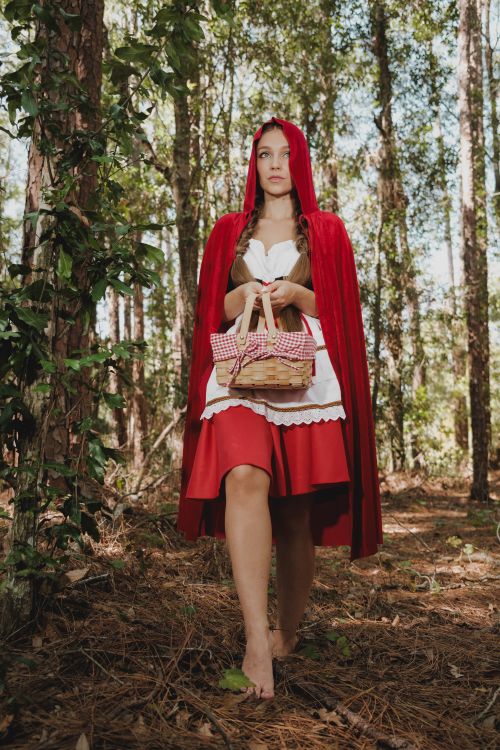 Free A woman dressed as Little Red Riding Hood walks barefoot through a forest holding a basket. Stock Photo