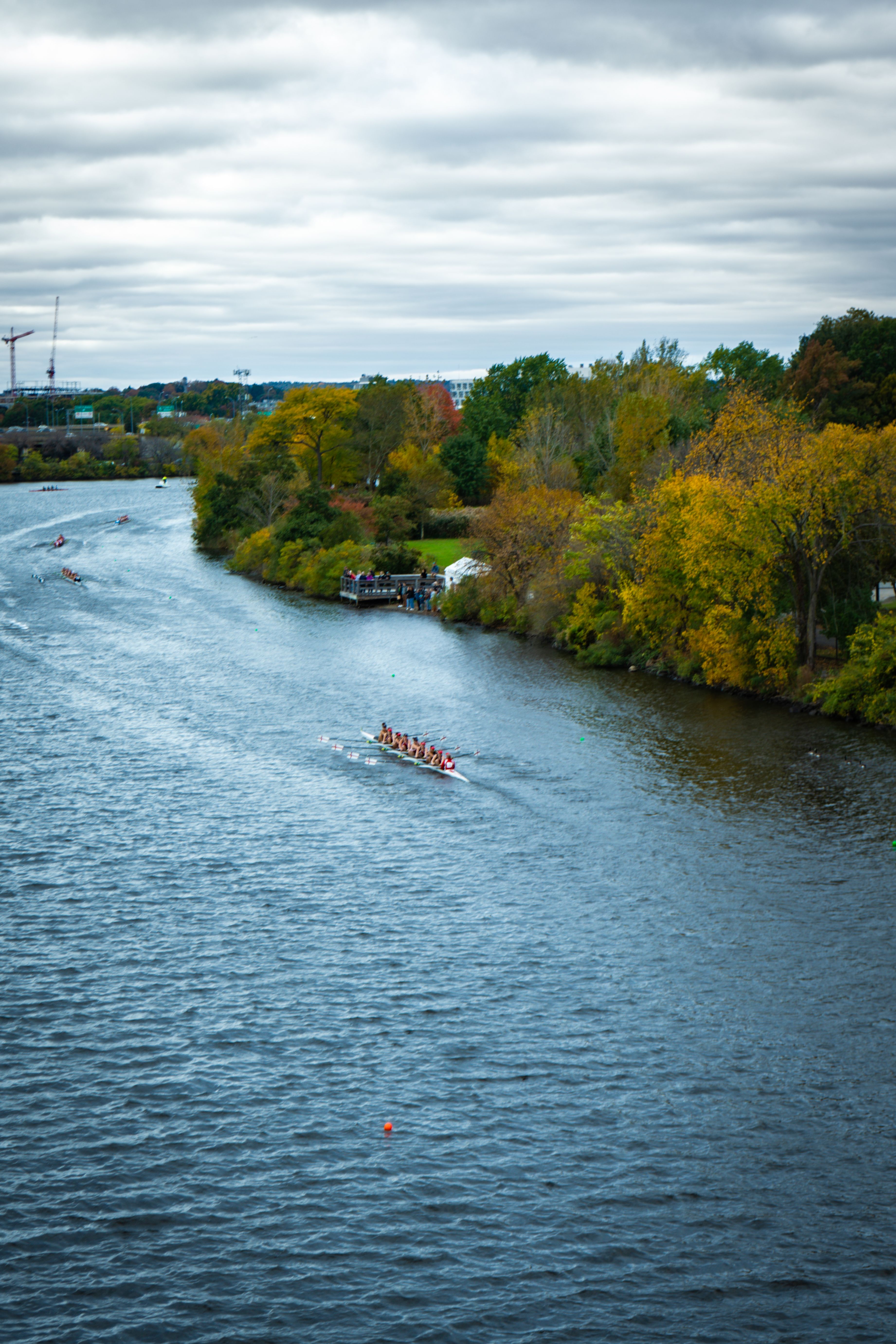 Team rowing on the Charles River during fall in Boston, showcasing vibrant autumn foliage.