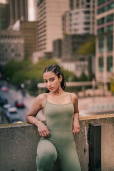 Stylish woman in sportswear posing on an urban rooftop terrace.
