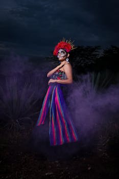 Striking portrait of woman in traditional Dia de los Muertos costume with vibrant attire and skull makeup.