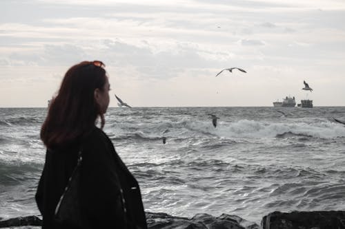 Woman Standing and Looking Toward the Sea with Flying Seagulls and Ships 