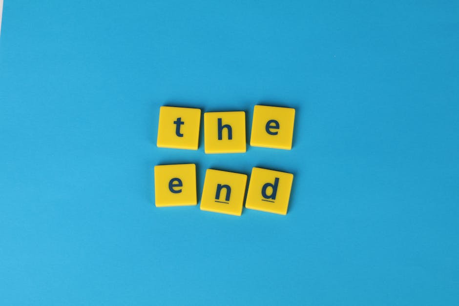 Yellow letter tiles spelling 'the end' on a vibrant blue background