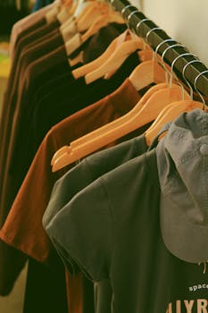 Clothing rack with modern streetwear shirts and wooden hangers in a fashion store.