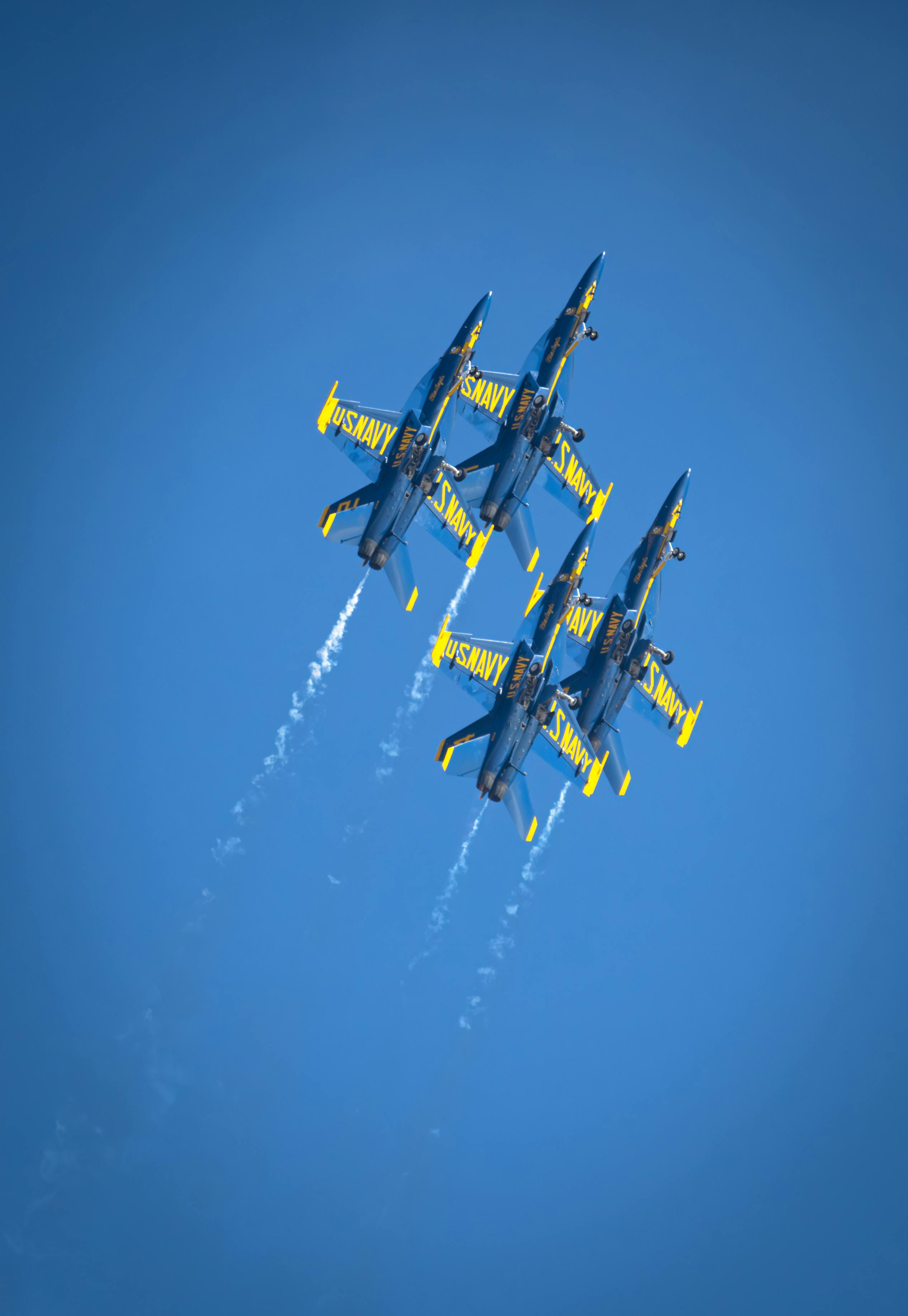 Dynamic air show featuring the Blue Angels in F/A-18 Hornets performing aerobatics.