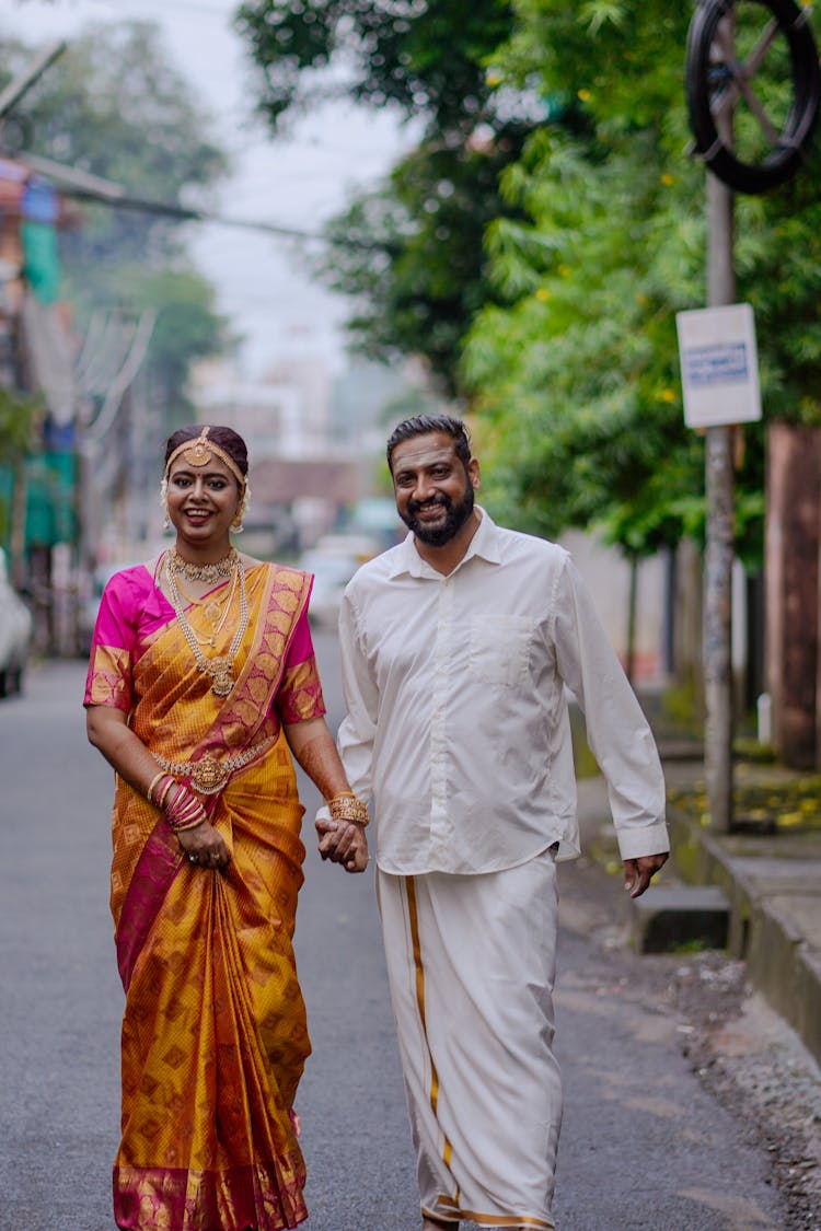 Traditional Wedding Couple On A Street In India 