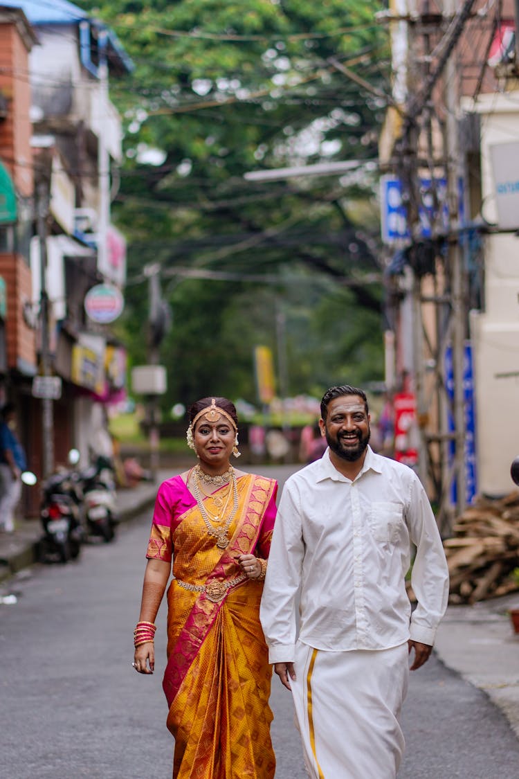 Traditional Wedding Couple On A Street In India 