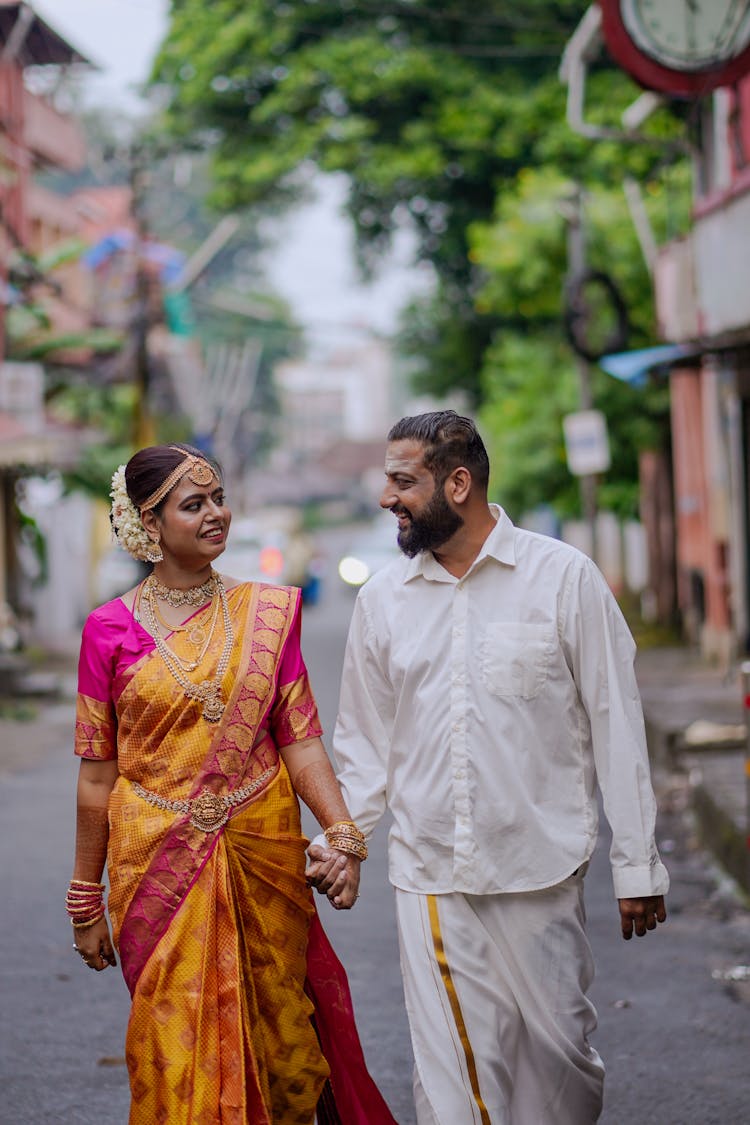 Traditional Wedding Couple On A Street In India 