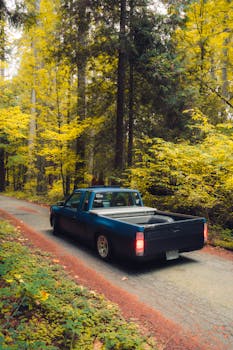 A vintage blue pickup truck drives on a scenic forest road in autumn, surrounded by lush trees.
