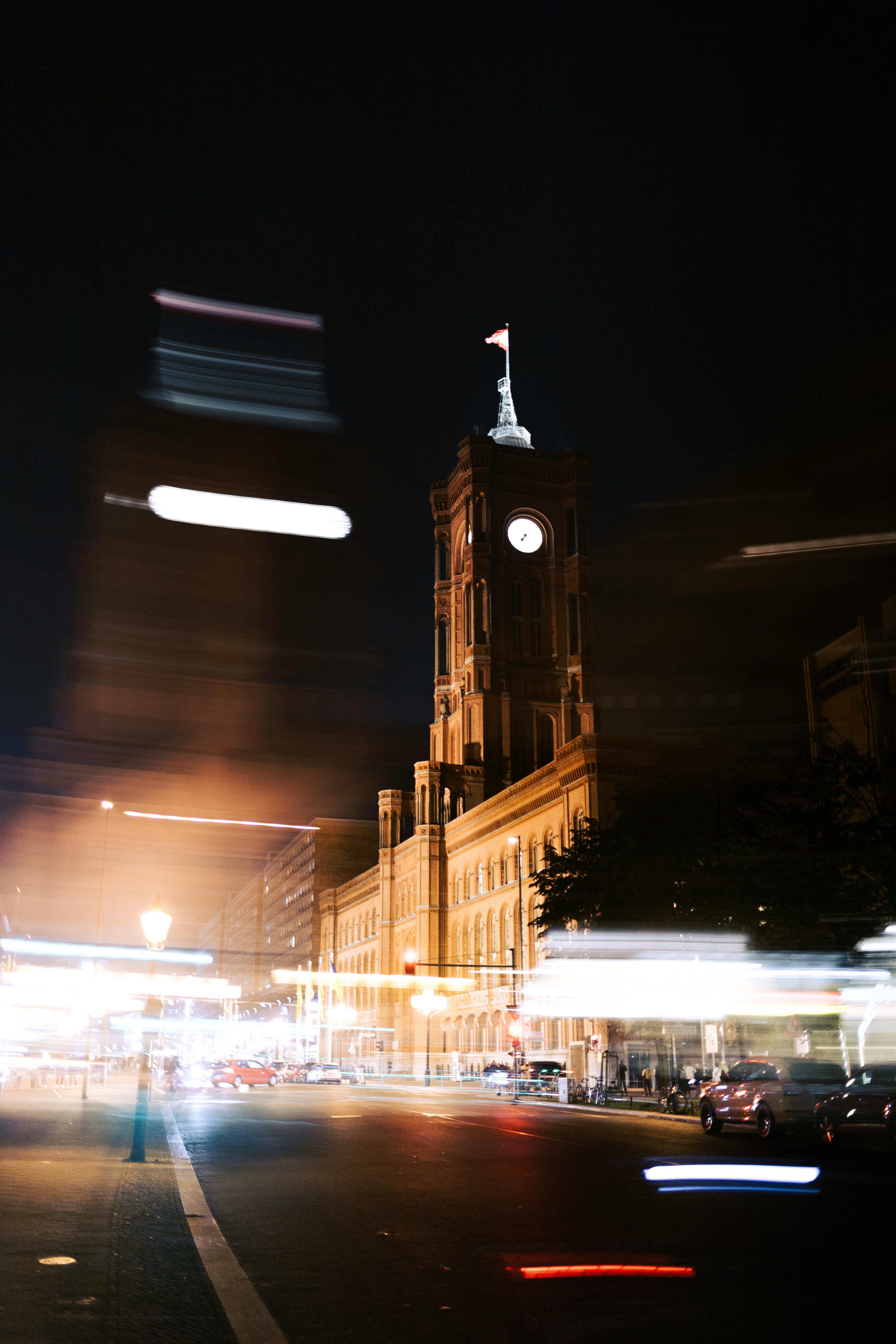 Night scene of Rotes Rathaus with light trails in Berlin, Germany.