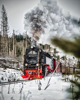 Retro steam locomotive traveling through a snowy winter forest landscape.