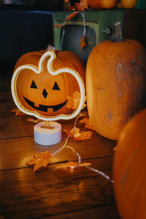 Free Charming indoor Halloween scene with pumpkins, warm lighting, and autumn leaves. Stock Photo